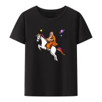 Camiseta con estampado de unicornios espaciales para hombres y mujeres, cuello redondo, estilo de moda urbana, camisetas con patrón de dibujos animados divertidos, estampado de Buda