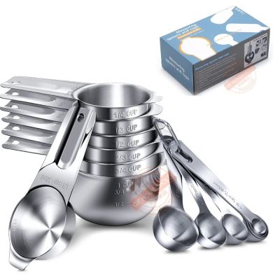 14Pcs -Stainless Steel Metal Measuring Spoons and Cups Set 7 Cup and 7 Spoon Cooking Baking Kitchen Accessories Measuring Tools