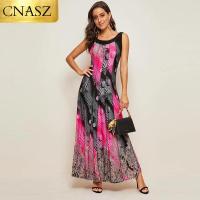 2020ใหม่แฟชั่นฤดูร้อนเย็บกระโปรงชายหาดรอบคอแขนกุดพิมพ์วันหยุด Big Swing Dress Elegant Long Dress