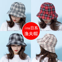 【cw】 Outdoor Sun Hat Womens Summer Sun-Proof Bucket Hat Womens Foldable Small Brim Bucket Hat Japanese Plaid Casual ！