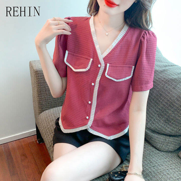 เสื้อสตรี-rehin-ใหม่คอวีแขนสั้นสไตล์ฝรั่งเศส-niche-chic-design-เสื้อหรูหรา