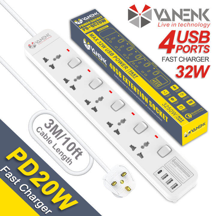 VANENIK Safety Power Strip with USB Type C PD20W Fast Charger Universal Power Extension Socket