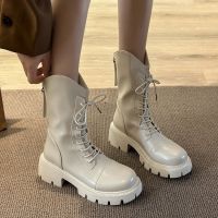 Caohuatang3Round ปลายสูงลูกไม้ขึ้นเผย Sepatu BOOT Pendek เล็กๆสำหรับผู้หญิงในฤดูใบไม้ร่วงและฤดูหนาว2023สไตล์อังกฤษพื้นรองเท้าหนากับรองเท้าส้นหนามาร์ติน Bootscaohuatang3