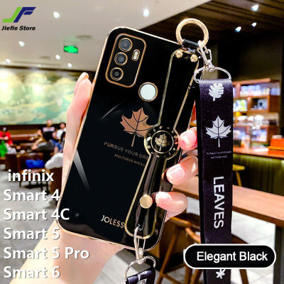 JieFie เคสโทรศัพท์ลายใบเมเปิ้ลสำหรับ infinix Smart 5 / Smart 6 / Smart 5 Pro / Smart 4 / Smart 4C สายรัดข้อมือสไตล์หรูหราชุบโครเมี่ยมนุ่ม TPU กรณีสี่เหลี่ยม + เชือกเส้นเล็ก