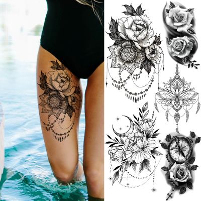 3D Black Rose Flower Mandala Pendant Temporary Tattoos For Women Adult Lotus Peony Compass Fake Tattoo Sexy Thigh Washable Tatoo