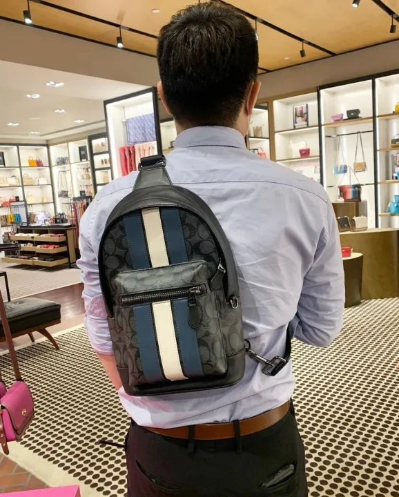 Coach 2999 West Pack in Charcoal Signature Coated Canvas and Smooth Leather  Slant Bag with Denim / Chalk Varsity Stripe - Men's Crossbody Bag | Lazada  PH