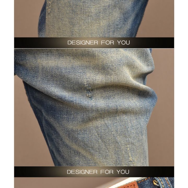 กางเกงยีนส์แฟชั่นวินเทจสำหรับผู้ชาย-ที่มีคุณภาพสูงวินเทจสีฟ้าสลิมพอดีกางเกงยีนส์ยืดหยุ่น-กางเกงยีนส์ออกแบบกางเกงยีนส์-hombre