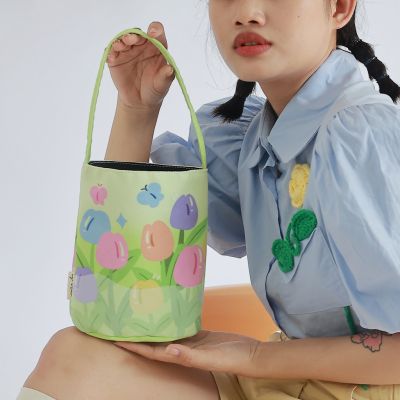 【Candy style】 กระเป๋าถือ ทรงบักเก็ต ขนาดเล็ก จุของได้เยอะ แบบพกพา ลายดอกไม้ สีเขียว แฟชั่นสําหรับสตรี