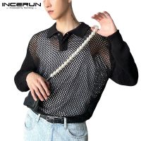 【คุณภาพสูง】Incerun แฟชั่นเสื้อโปโลคอปกซีทรูเซ็กซี่สําหรับผู้ชาย