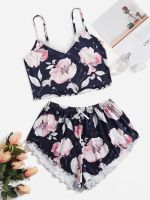 【jw】✿  Sets Foral Pijamas Silk Pyjamas Female Sleepwear Sleeveless Cami Top Shorts for Woman Homewear