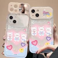 【สำหรับ iPhone】เคสโทรศัพท์ซิลิโคนปาร์ตี้หมีการ์ตูนหมี เคสโทรศัพท์กระจกแต่งหน้า for iPhone 14 Pro 13 11 12 Pro XS Max X  7 8 Plus XR