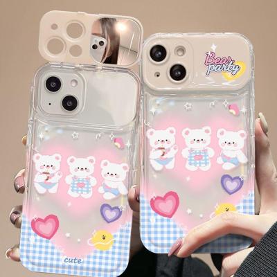 【สำหรับ iPhone】เคสโทรศัพท์ซิลิโคนปาร์ตี้หมีการ์ตูนหมี เคสโทรศัพท์กระจกแต่งหน้า for iPhone 14 Pro 13 11 12 Pro XS Max X  7 8 Plus XR