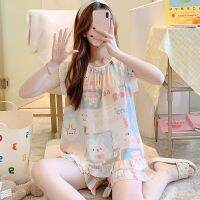 ；【‘；- Sleeveless Pajamas Set Shirt Pant Home Clothing Cotton Sleepwear Nightwear Sleep Suit 2Pcs Round Neck Printed Flower Pyjamas