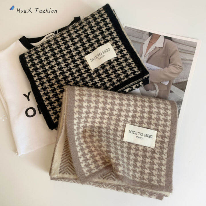 huax-ผู้หญิงที่เรียบง่าย-houndstooth-ผ้าพันคอแฟชั่นคลาสสิกฤดูหนาวที่อบอุ่นถักผ้าพันคอคออุ่นสำหรับคู่นักเรียน