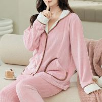 ♀ 2 Pcs/Set Women Pajamas Set Turn down Collar Contrast Color Plush Sleeping Long Sleeves Loose Women Night Clothes for Home