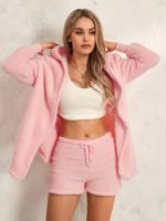 3 Pieces Plush Pajamas Set Womens Fall Winter Loungewear Long Sleeve Hoodies Cardigans+Crop Tank Tops+Shorts Sleepwear Outfits