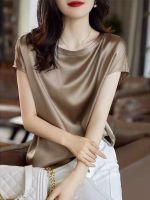 ♈ Silk Thin Short Sleeve Tees Korean Style Slip Woman Summer Clothes Elegant Black Brown Tops Solid Loose Casual 4XL