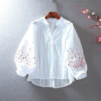 คอวีปักเสื้อสำหรับผู้หญิงเสื้อลูกไม้แขนโคมไฟผ้าฝ้าย Bluasa LooseTop สบายๆอเนกประสงค์ฤดูร้อนบางผู้หญิง Blous...