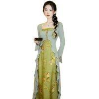 Spot parcel post Green Ancient Style Fairy Dress Ruffled Dress New Chinese Style Chinese Style Dress Spring Dress Womens Design Sense Niche Autumn