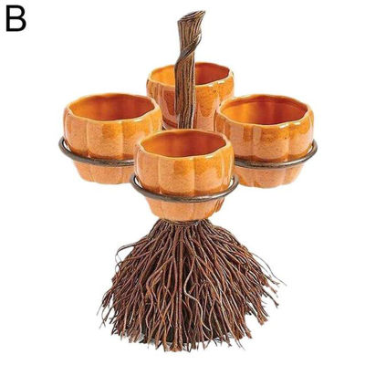 Halloween Creative Pumpkin Bowls With Witch Broom Stroage Rack Table Decoration Snack Stand Fruit Salad Bowl Dessert Plate