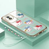 เคสใส่โทรศัพท์เคสสำหรับ Vivo ฟรีสายคล้อง Y02T การ์ตูนแมวน่ารักสำหรับเด็กผู้หญิงลายขอบสี่เหลี่ยมเคสโทรศัพท์ชุบเคลือบหรูหราเคสโทรศัพท์นิ่ม