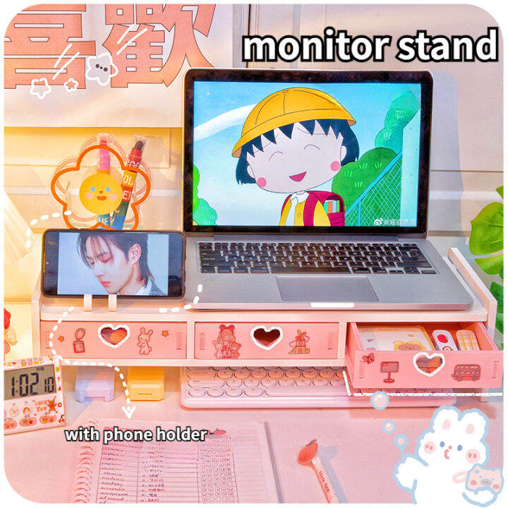 Kawaii Desktop Monitor Stand Wooden Computer Laptop Elevated Stand with ...