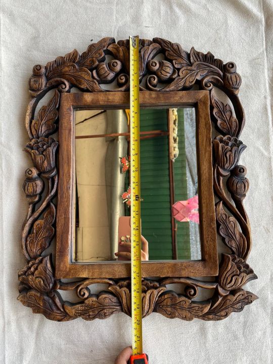 กระจกไม้แกะสลัก-ขนาด-20-x16-นิ้ว-กระจกไม้วินเทจ-กระจกไม้แขวนผนัง-กระจกลายดอกไม้-ไม้จามจุรี-ทนแดด-ทนฝน-mirror-wooden-carved-flower-wall-mounted-20