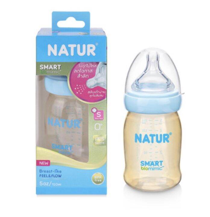 คูปองส่งฟรีnatur-เนเจอร์-ขวดนมคอกว้าง-สมาร์ทไบโอมิมิค-pes-ขนาด-5oz-มาพร้อมจุดคอกว้างไซส์-s-จุกไม่ดูดไม่ไหล-แพ็ค-1-ขวด