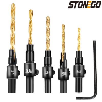 STONEGO 5PCS Countersink Drill Woodworking Drill Bit Set Drilling Pilot Holes For Screw Sizes 6 8 10 12 14