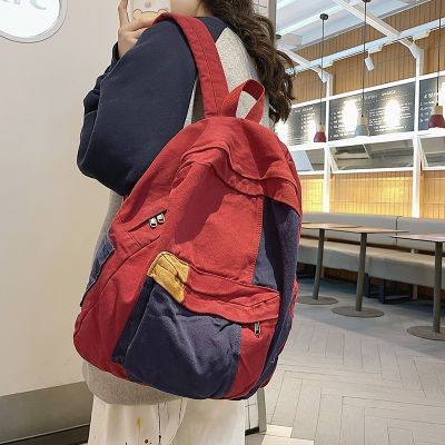 กระเป๋าผู้หญิง2022 Panelled Contrast Unisex นักศึกษากระเป๋านักเรียน