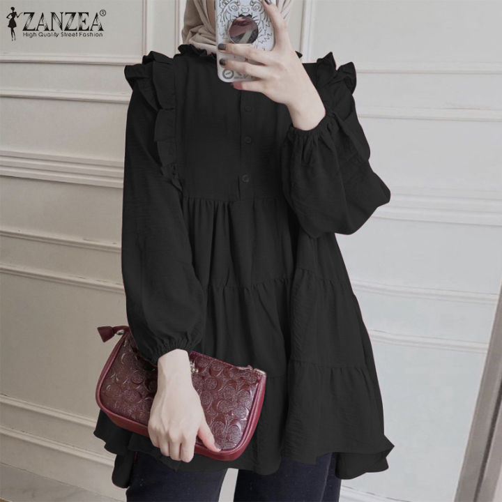 สินค้ามาใหม่-จัดส่งฟรี-fancystyle-zanzea-เสื้อสตรีมุสลิมชั้นเสื้อมีจีบ-เสื้อแต่งระบายทรงหลวมลำลองแขนยาว