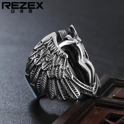 REZEX เครื่องประดับพระเยซู Cross Angel Wings เหล็กไทเทเนียมผู้ชายแหวนโบราณเทวดาตกสวรรค์แหวนหล่อ