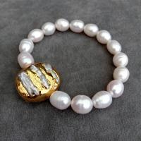 KKGEM 24x27mm Biwa Pearl 9x11mm Natural White Rice Freshwater Cultured Pearl Gold Plated ElasticBracelet