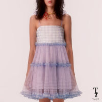 TandT - MIXED GINGHAM RUFFLE TRIMMED MINI DRESS เดรสสายเดี่ยว ตัดต่อรูดระบายใต้อก ตัดต่อลายสก็อต 2 สี ตกแต่งระบาย ผ้าตาข่ายลายสก็อต