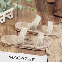 2023 imitation hemp straw tourism bottom women sandals Han outside wearing a word procrastinates flat beach with the fashion ladys slippers