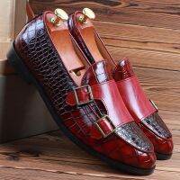 Double Buckle Men Dress Shoes Red Man Loafers 2022 New Low Heel Slip-On Leather British Casual Fashion Business Office Prom Shoe