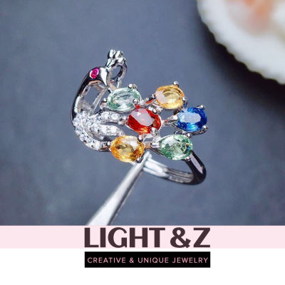 LIGHT &amp; Z Ins ตาข่ายคนดังแหวนสตรีสีนกยูงสมบัติเลียนแบบเครื่องประดับบุษราคัมธรรมชาติ