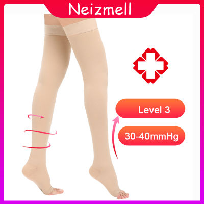 Neizmell 1คู่ระดับ3ถุงเท้ากันกระแทกเปิดนิ้วเท้าเหนือหัวเข่าต้นขา30-40mmhgถุงน่องกระชับสัดส่วนสำหรับเส้นเลือดขอดที่เท้า