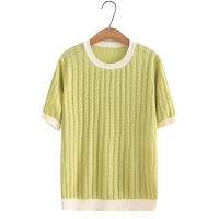 【มีไซส์ใหญ่】Plus Size XL-3XL Womens Short Sleeve Patchwork Summer Shirts Oversized Knitted Female Green Black Tops Vintage Slim Top