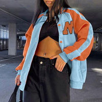 2021 Autumn Women Oversize Contrast Color Letter Printed Uniform Baseball Jacket Couple Harajuku Streetwear Single Breasted Coat