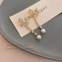 925 silver needle full diamond bowknot pearl tassel long earrings