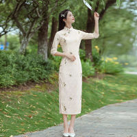 ฤดูใบไม้ร่วงสีขาวแขนยาวสง่างามที่ดีขึ้น Cheongsam ฤดูร้อนยาวเด็กสาวฤดูใบไม้ผลิ2021ใหม่พรรคทุกวันชุด