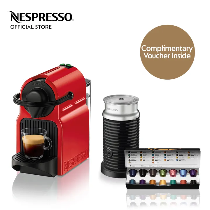 Nespresso® Inissia Coffee Maker Red & Aeroccino 3 Milk Frother Bundle