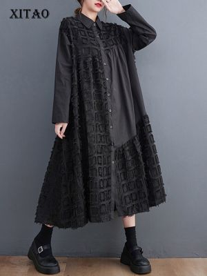 XITAO Dress Black Long Sleeve Asymmetrical Short Tassel Shirt Dress