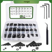 RONGW 900Pcs M2 M3 M4 สกรูฝาครอบซ็อกเก็ตหัวปุ่ม HEX เหล็กอัลลอยเกรด10.9 สีดำสีดำ ประเภทสกรูเมตริก พร้อมประแจหกเหลี่ยม ชุดน็อตและสลักเกลียว เครื่องจักรความแม่นยำสูง