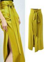 HOT★One-piece Type Bandage Silk Skirt Women Side Split High Waisted Elegant Solid Female A-line Skrits Summer All-match Office Skirt