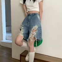 MEXZT S-5Xl Denim Shorts Women High Waist Hole Jeans Shorts Summer Streetwear Korean Vintage Distressed Wide Leg Short Pants New