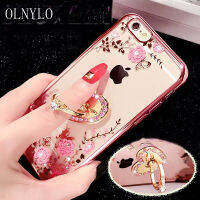 OLNYLO เคสยางใสมีแหวนตั้งได้สำหรับผู้หญิง,เคสยางคริสตัลพลอยเทียมแวววาวลายดอกไม้ผีเสื้อสำหรับ Apple iPhone 6 6S 7 8 Plus X XR Xs Max 11 12 13 Pro Max