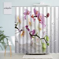 3D Digital Printing Resistant Waterproof Bathroom Shower Curtain Natural Orchid Shower Curtains Rural Floral White Purple Flower Water Drops Backdrop Decor Polyester Bathroom Curtain with Hooks