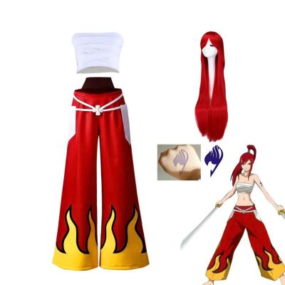 Anime Cosplay Women Japanese Anime Role Erza Scarlet Costume Pants White Tube Tops Red Cool Set Dark Blue Tail Tattoo Sticker